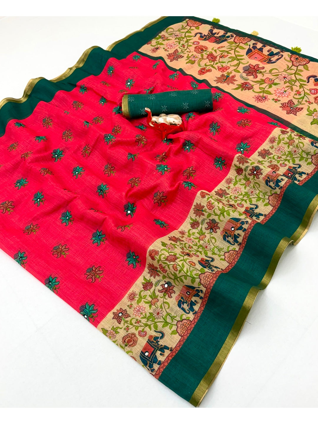 Peachmode Rani Pink Green Aari Mirror Work Linen Cotton Saree - Image 3
