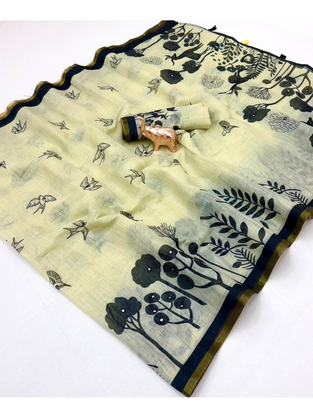 Peachmode Cream Aari Mirror Work Linen Cotton Saree - Image 3