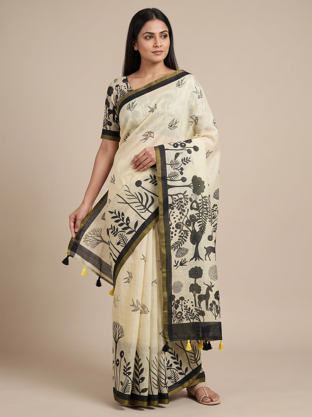 Peachmode Cream Aari Mirror Work Linen Cotton Saree - Image 1