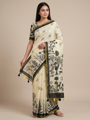 Peachmode Cream Aari Mirror Work Linen Cotton Saree - Image 1