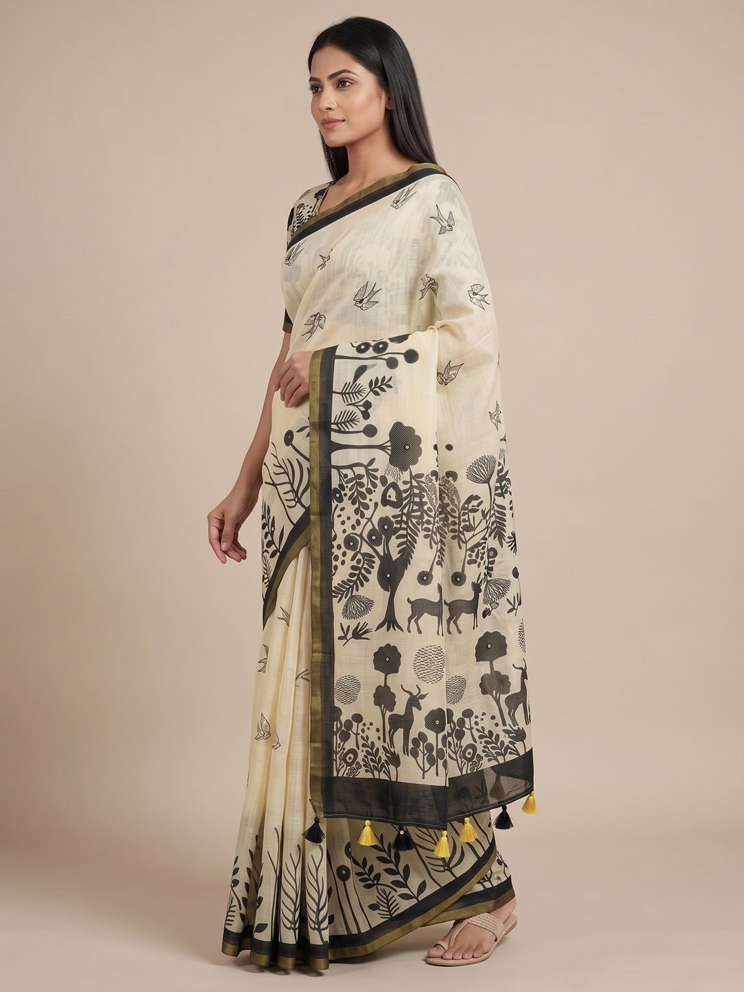 Peachmode Cream Aari Mirror Work Linen Cotton Saree - Image 4
