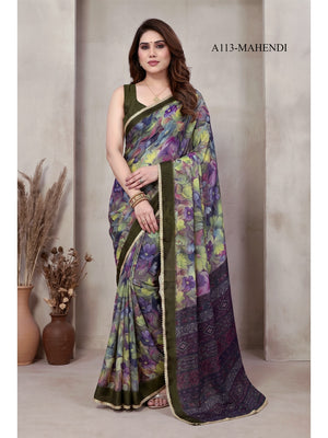 Peachmode Olive Floral Printed Georgette Saree - Image 1