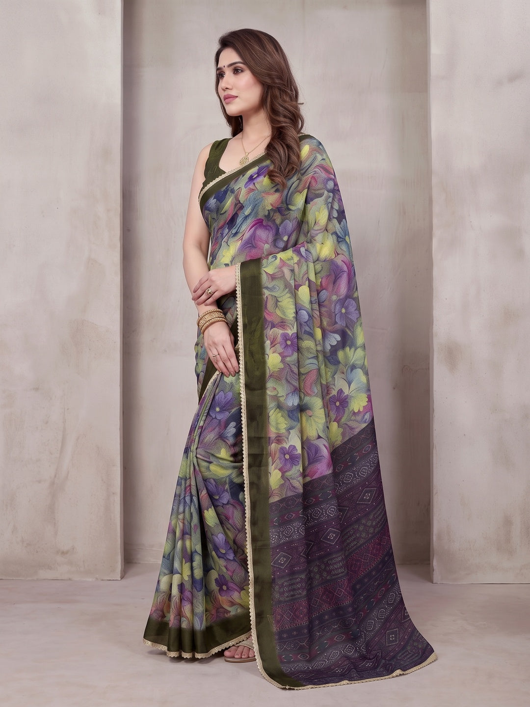 Peachmode Olive Floral Printed Georgette Saree - Image 4