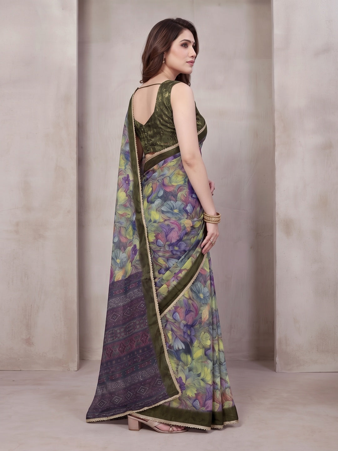 Peachmode Olive Floral Printed Georgette Saree - Image 5