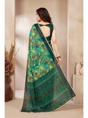 Peachmode Green Floral Printed Georgette Saree - Image 2