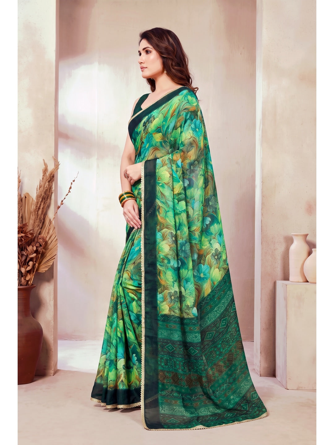 Peachmode Green Floral Printed Georgette Saree - Image 3