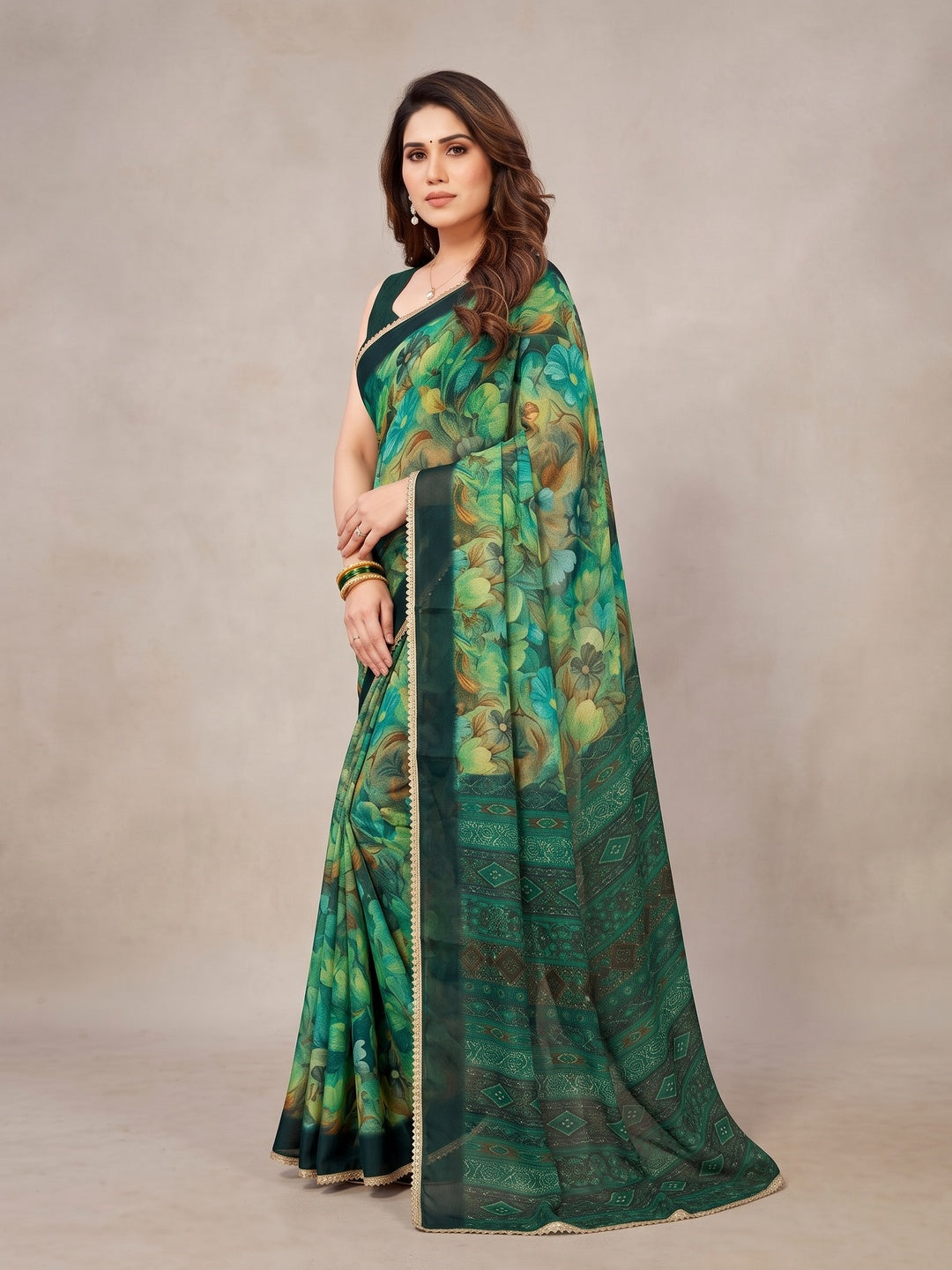 Peachmode Green Floral Printed Georgette Saree - Image 5