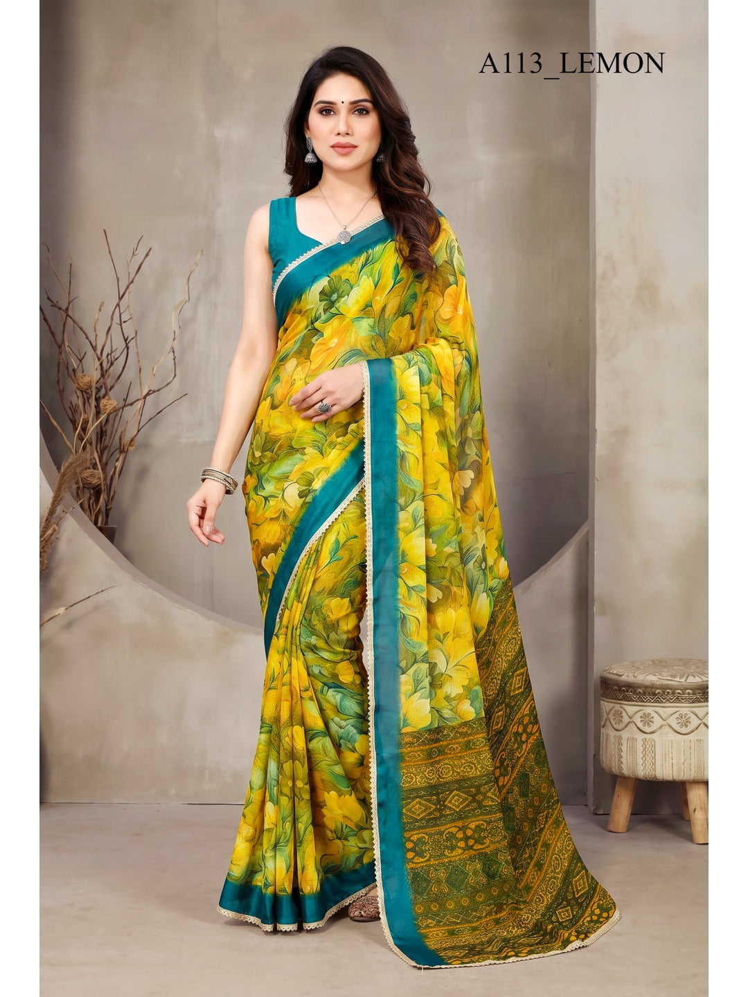 Peachmode Yellow Floral Printed Georgette Saree - Image 1