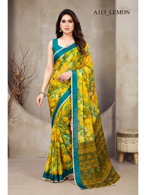 Peachmode Yellow Floral Printed Georgette Saree - Image 1
