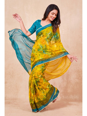 Peachmode Yellow Floral Printed Georgette Saree - Image 2