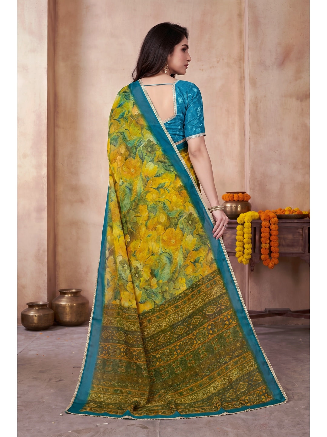 Peachmode Yellow Floral Printed Georgette Saree - Image 3
