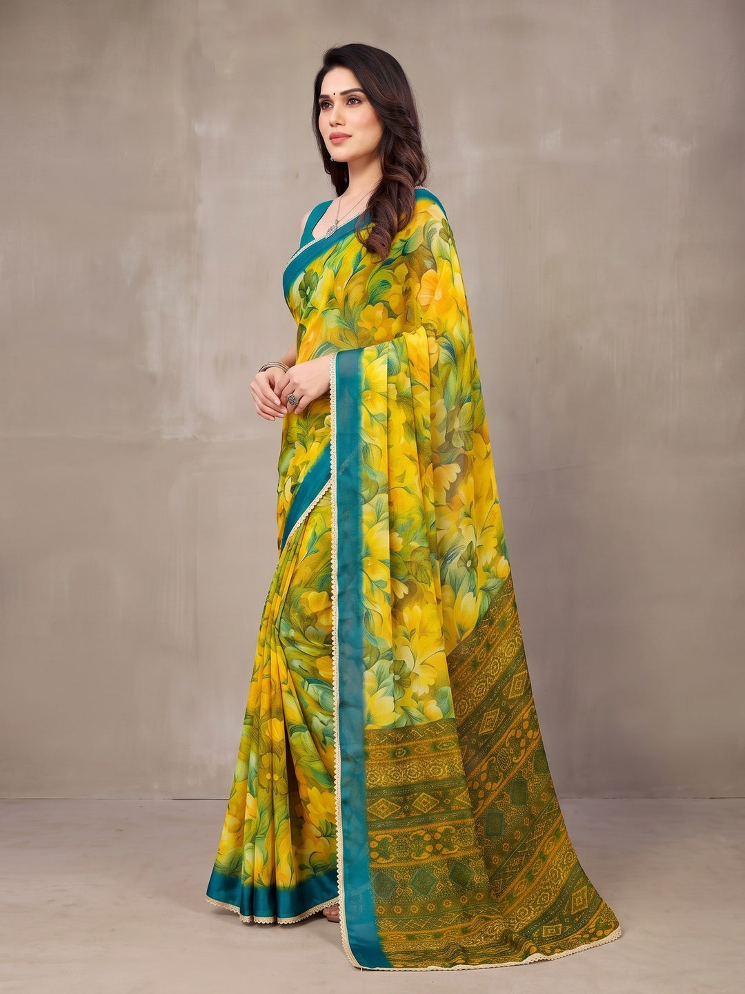 Peachmode Yellow Floral Printed Georgette Saree - Image 5