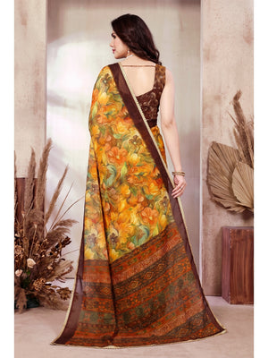 Peachmode Orange Floral Printed Georgette Saree - Image 2