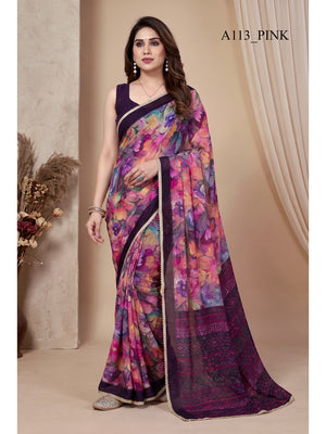 Peachmode Pink Floral Printed Georgette Saree - Image 1