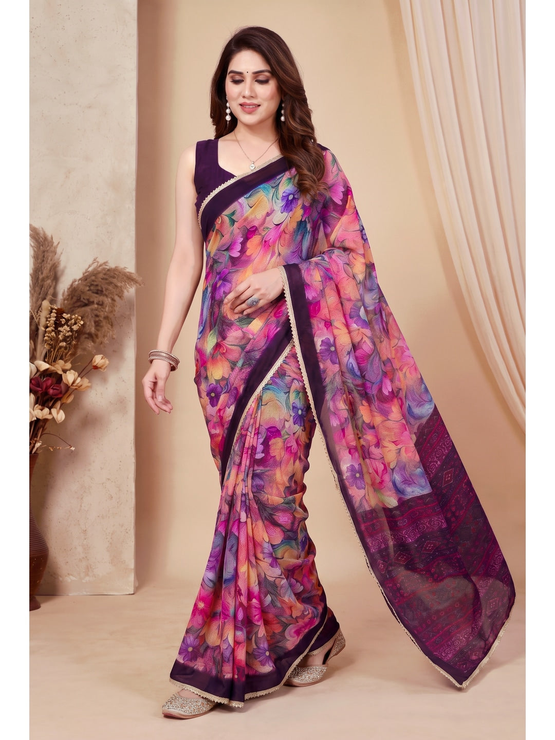 Peachmode Pink Floral Printed Georgette Saree - Image 2