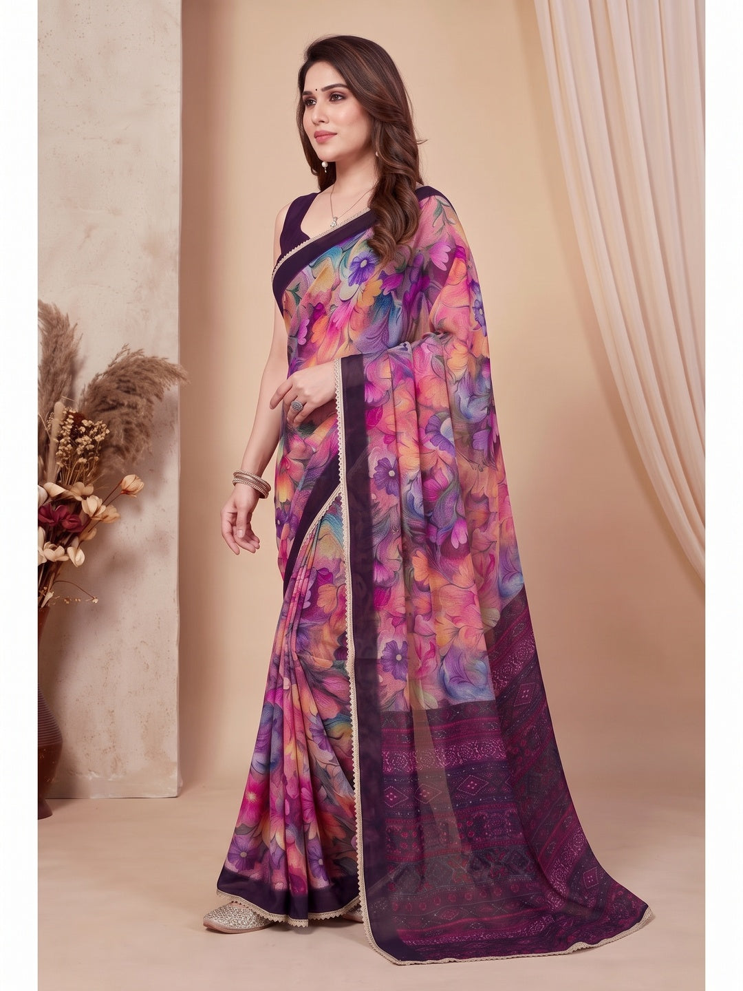 Peachmode Pink Floral Printed Georgette Saree - Image 5