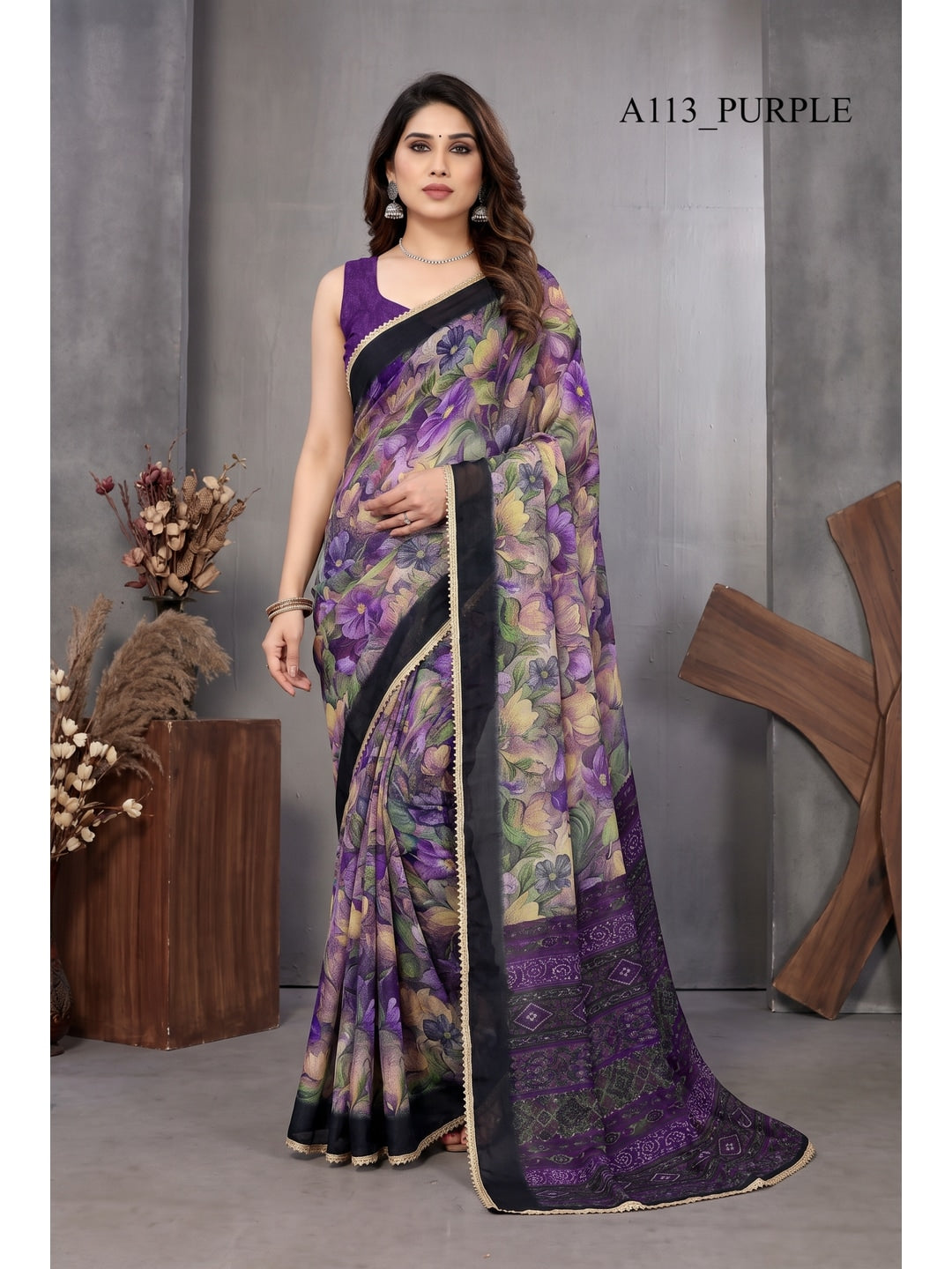 Peachmode Purple Floral Printed Georgette Saree - Image 1