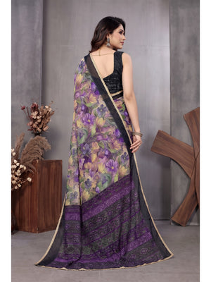 Peachmode Purple Floral Printed Georgette Saree - Image 2