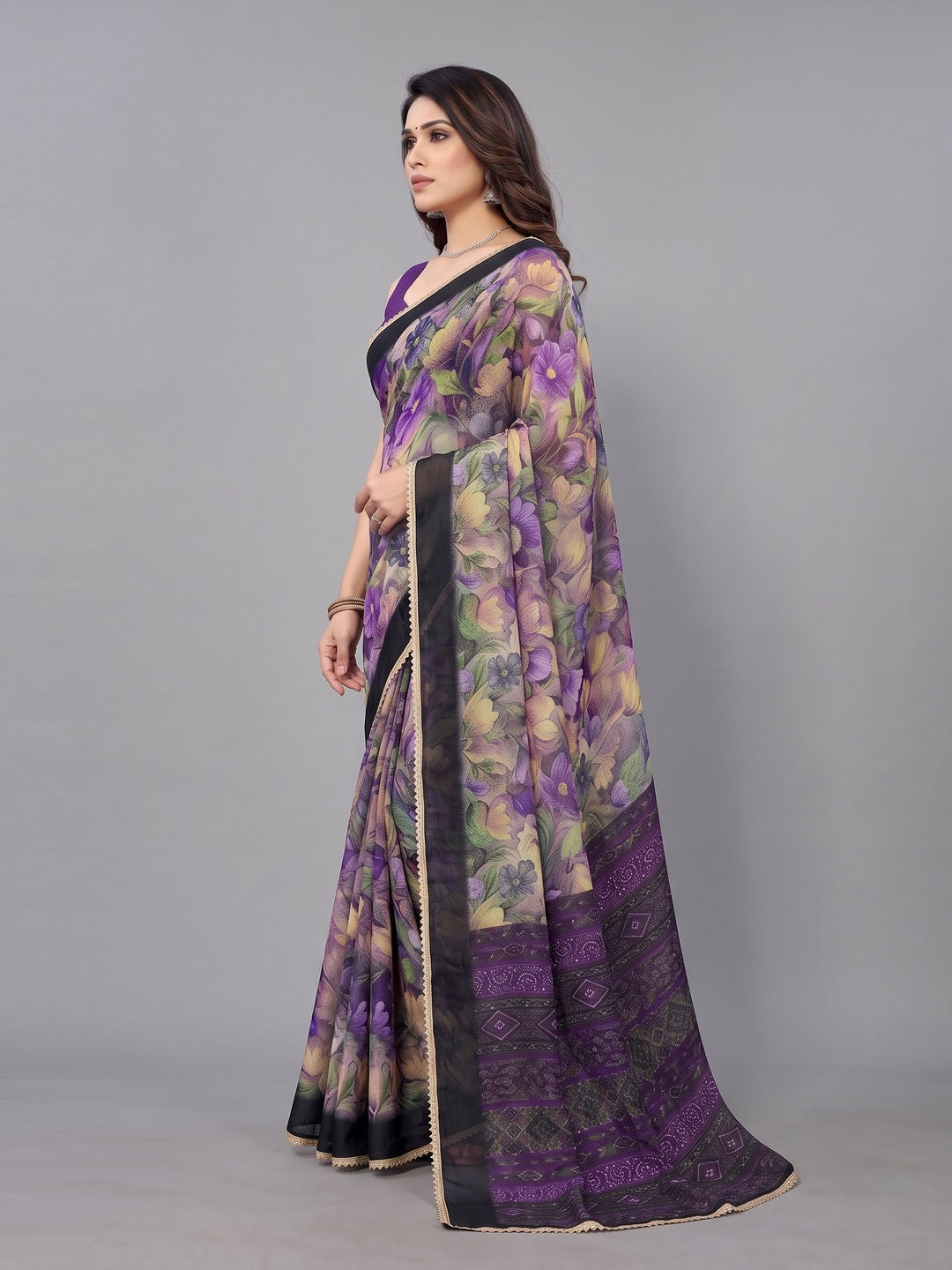 Peachmode Purple Floral Printed Georgette Saree - Image 4