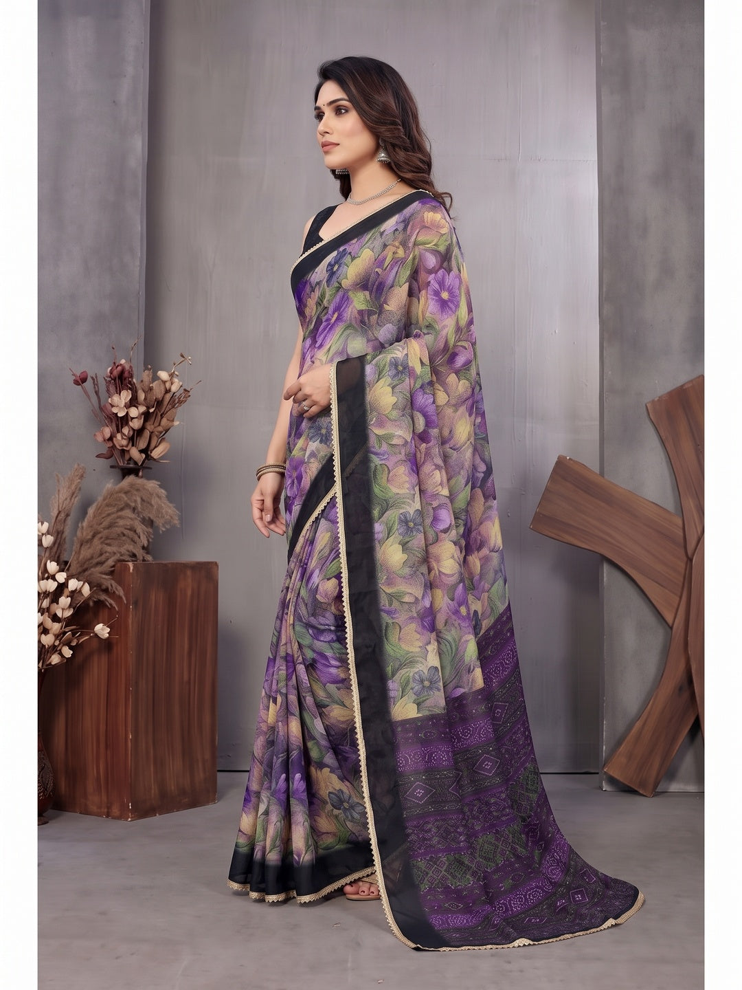 Peachmode Purple Floral Printed Georgette Saree - Image 5