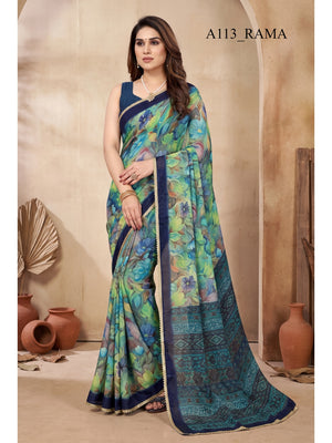 Peachmode Rama Green Floral Printed Georgette Saree - Image 1