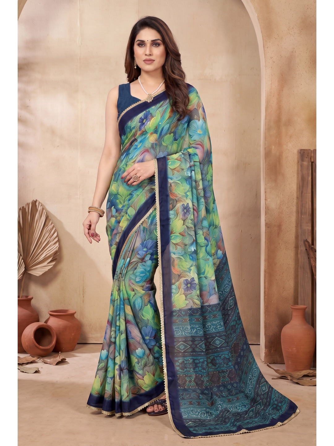 Peachmode Rama Green Floral Printed Georgette Saree - Image 2