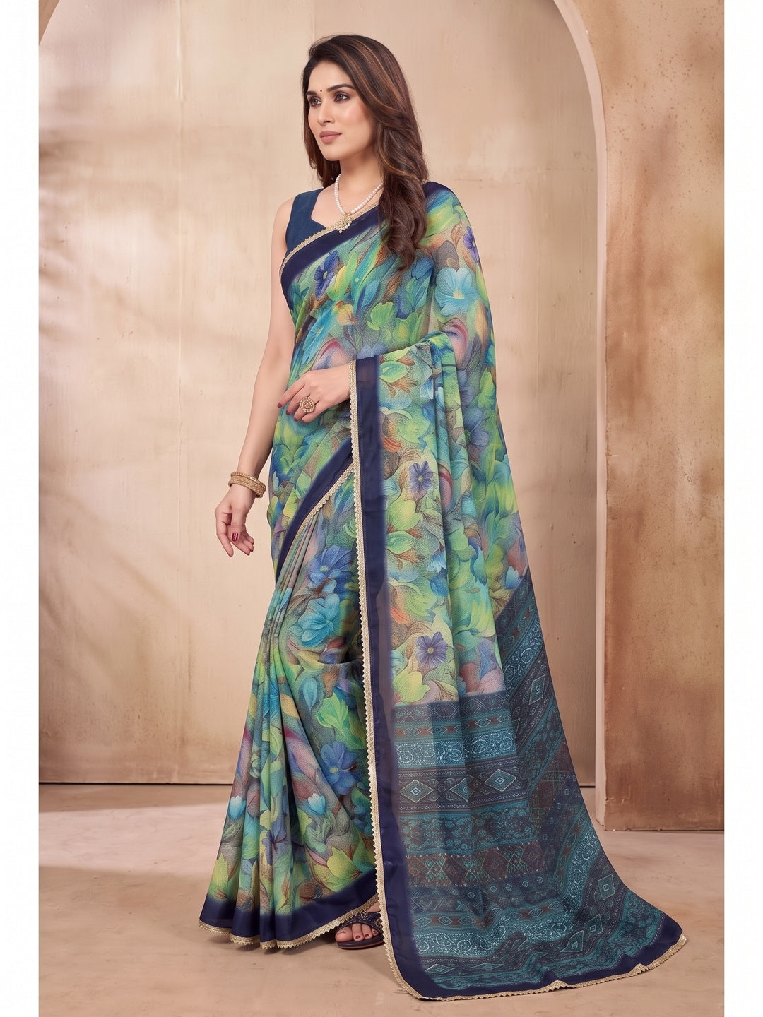 Peachmode Rama Green Floral Printed Georgette Saree - Image 5