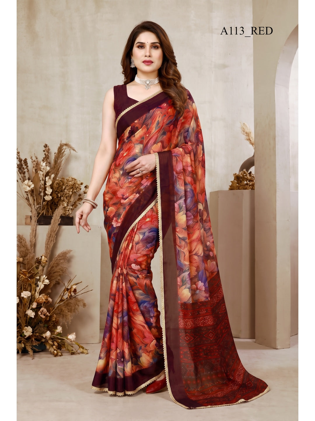 Peachmode Red Floral Printed Georgette Saree - Image 1