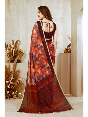 Peachmode Red Floral Printed Georgette Saree - Image 2