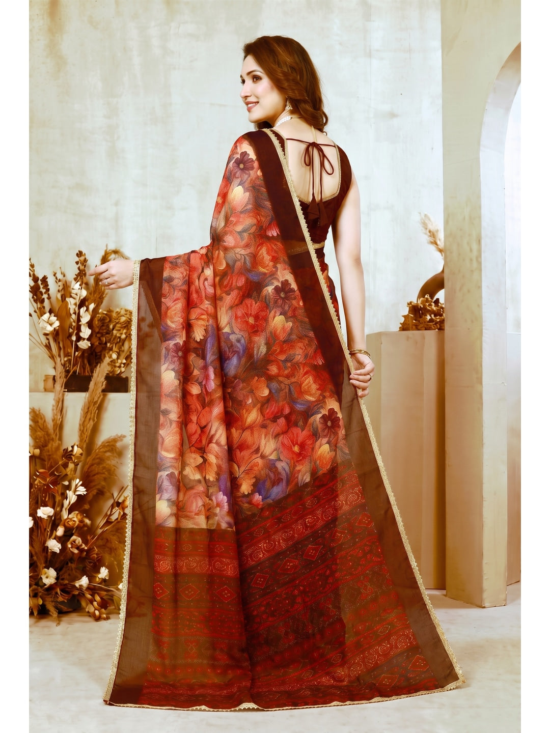 Peachmode Red Floral Printed Georgette Saree - Image 3