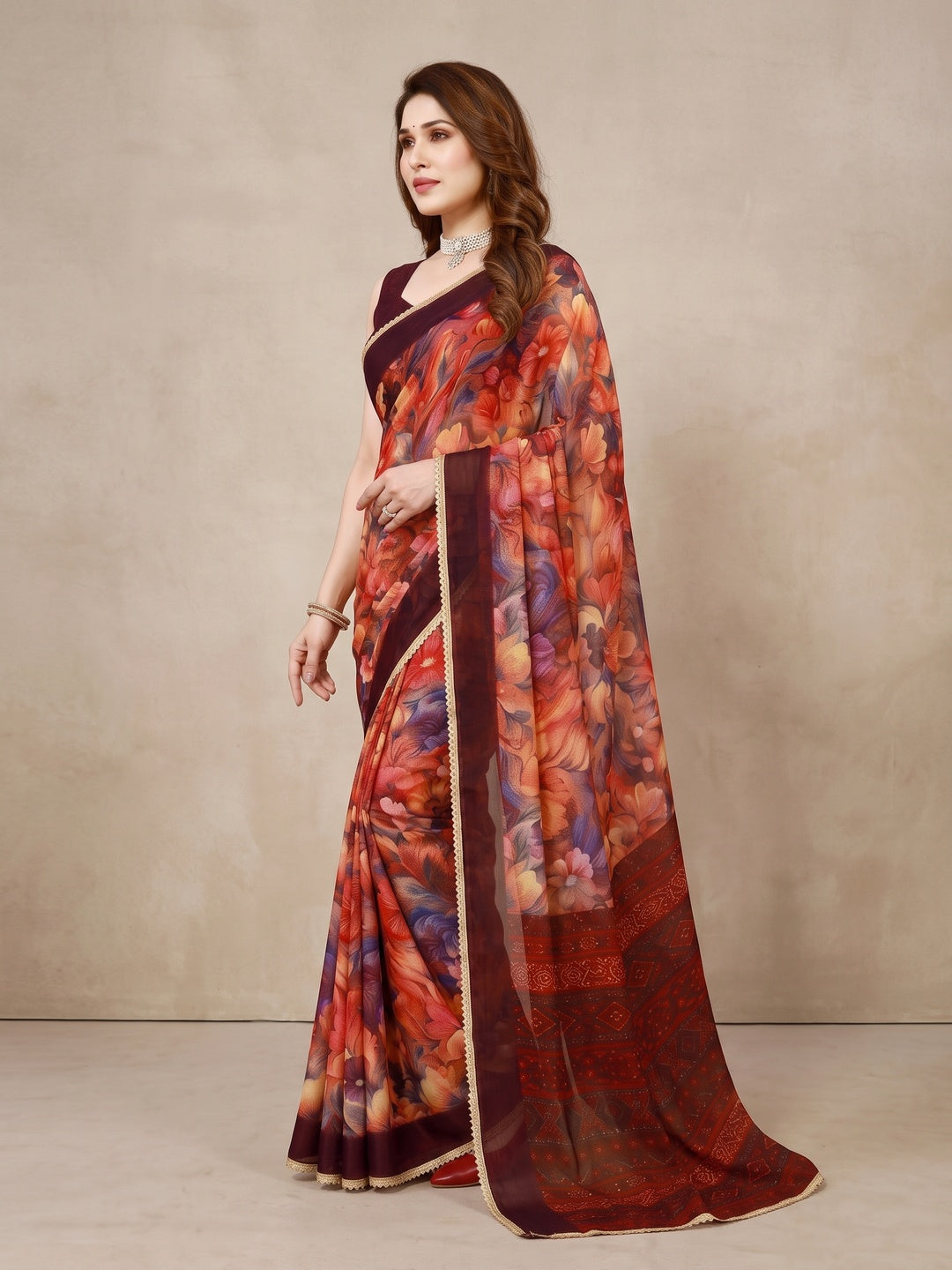 Peachmode Red Floral Printed Georgette Saree - Image 5