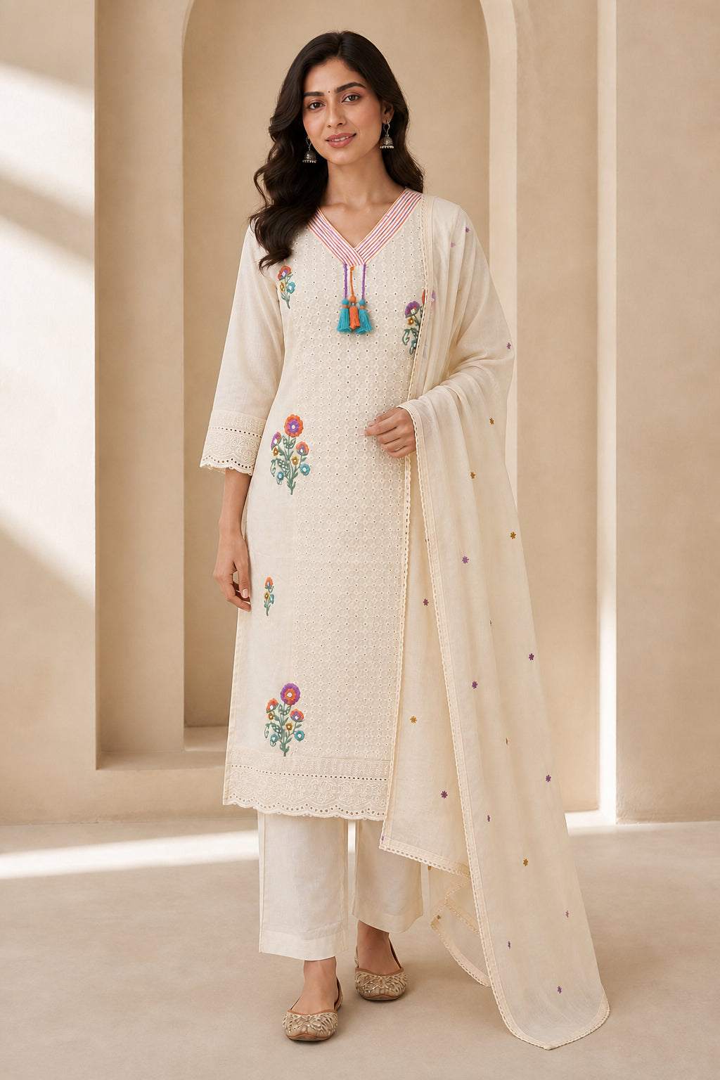 Peachmode Cream Pure Cotton Floral Embroidered Salwar Suit - Image 2