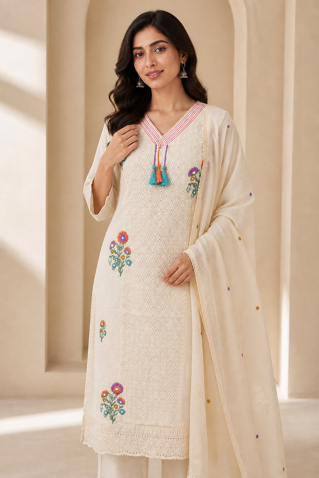 Peachmode Cream Pure Cotton Floral Embroidered Salwar Suit - Image 5