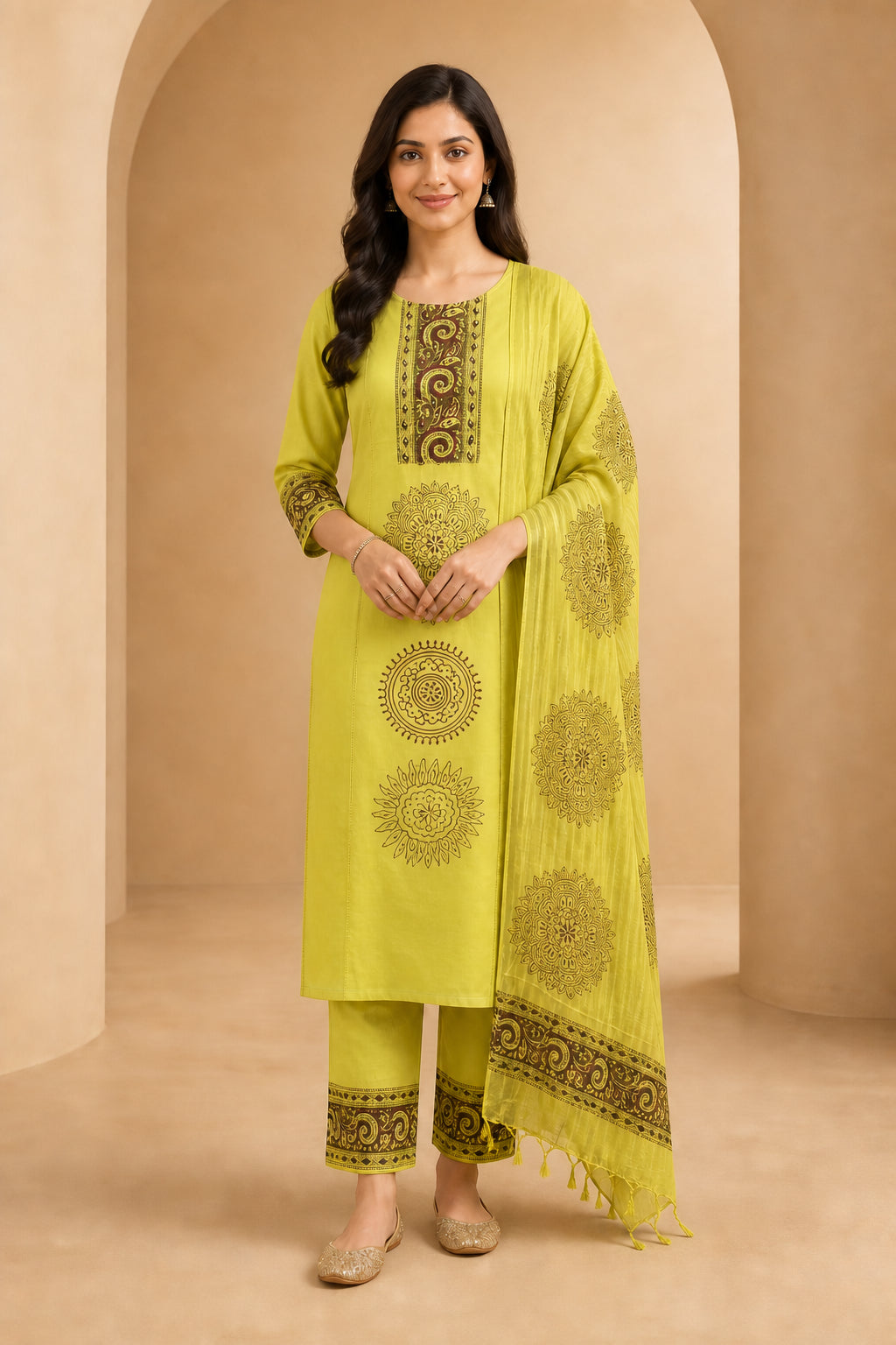 Peachmode Light Green Pure Cotton Mandala Printed Embellished Salwar Suit - Image 1
