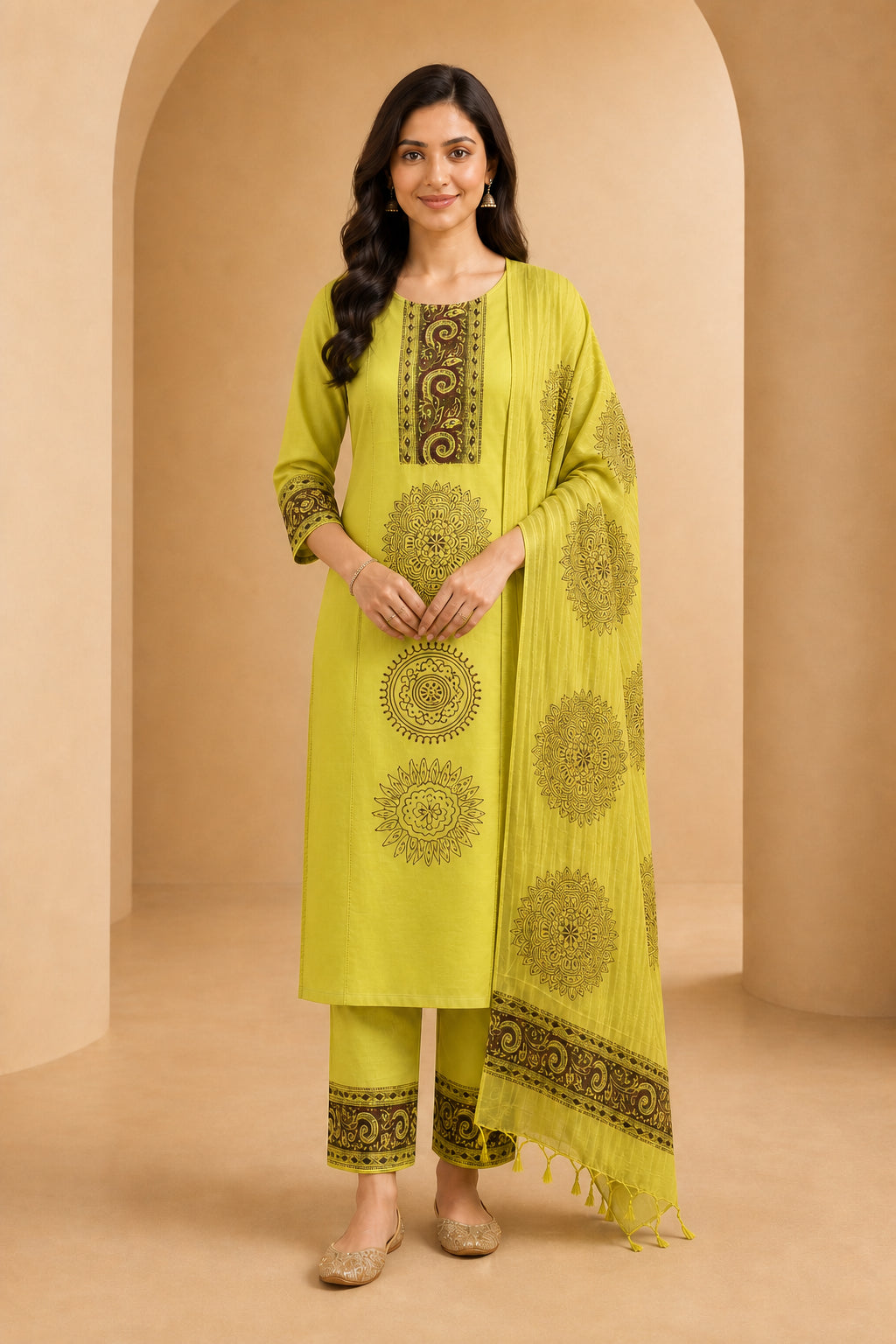 Peachmode Light Green Pure Cotton Mandala Printed Embellished Salwar Suit - Image 2