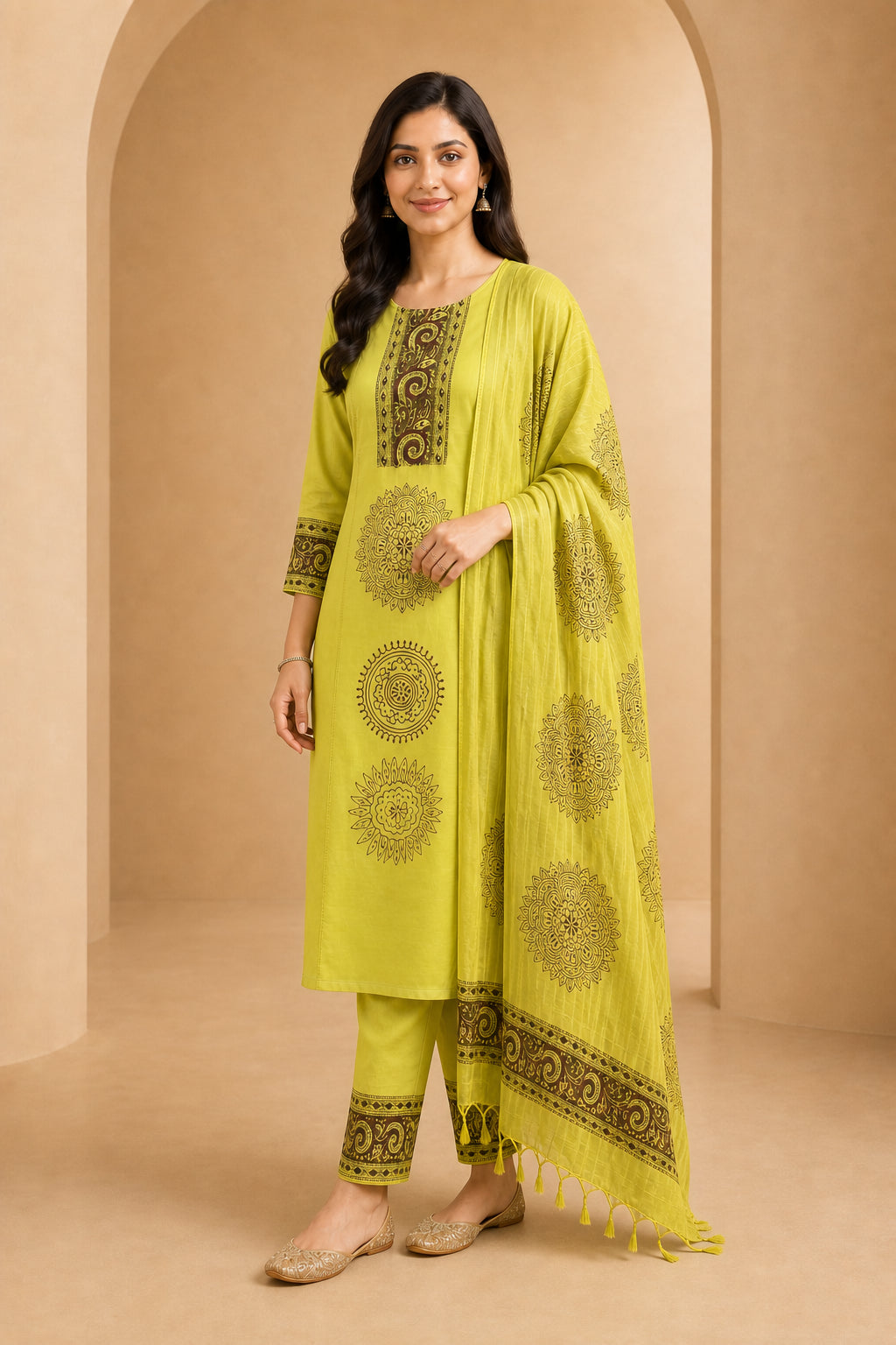 Peachmode Light Green Pure Cotton Mandala Printed Embellished Salwar Suit - Image 3