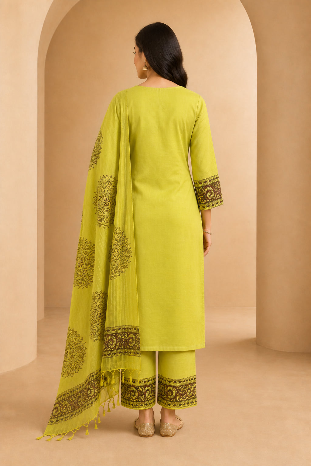 Peachmode Light Green Pure Cotton Mandala Printed Embellished Salwar Suit - Image 4