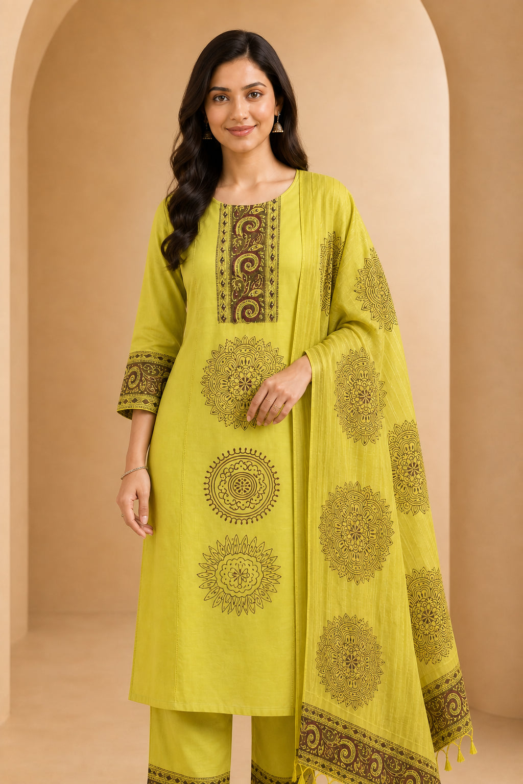 Peachmode Light Green Pure Cotton Mandala Printed Embellished Salwar Suit - Image 5