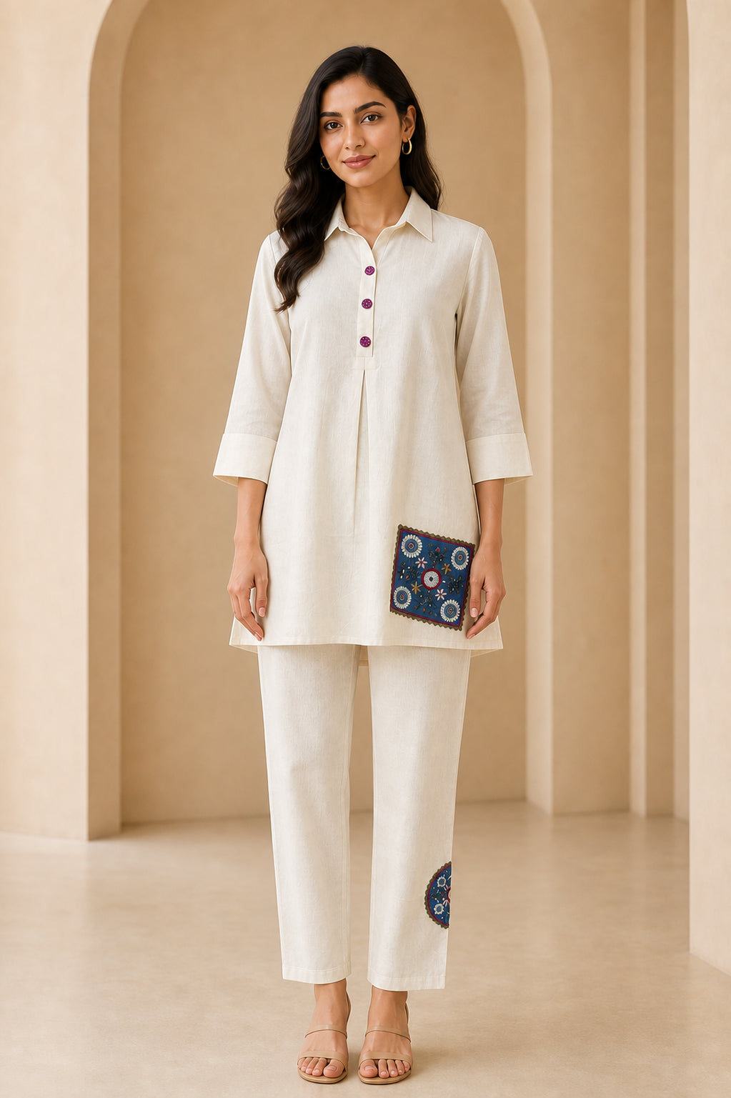 Peachmode Cream Cotton Flex Floral Embroidered Co-ord Set - Image 2