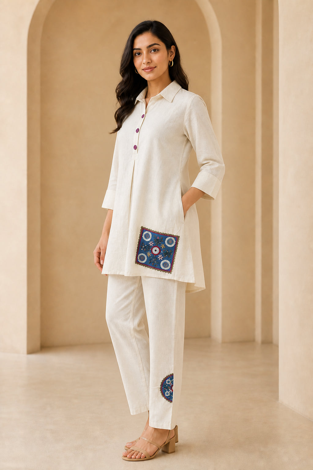 Peachmode Cream Cotton Flex Floral Embroidered Co-ord Set - Image 3