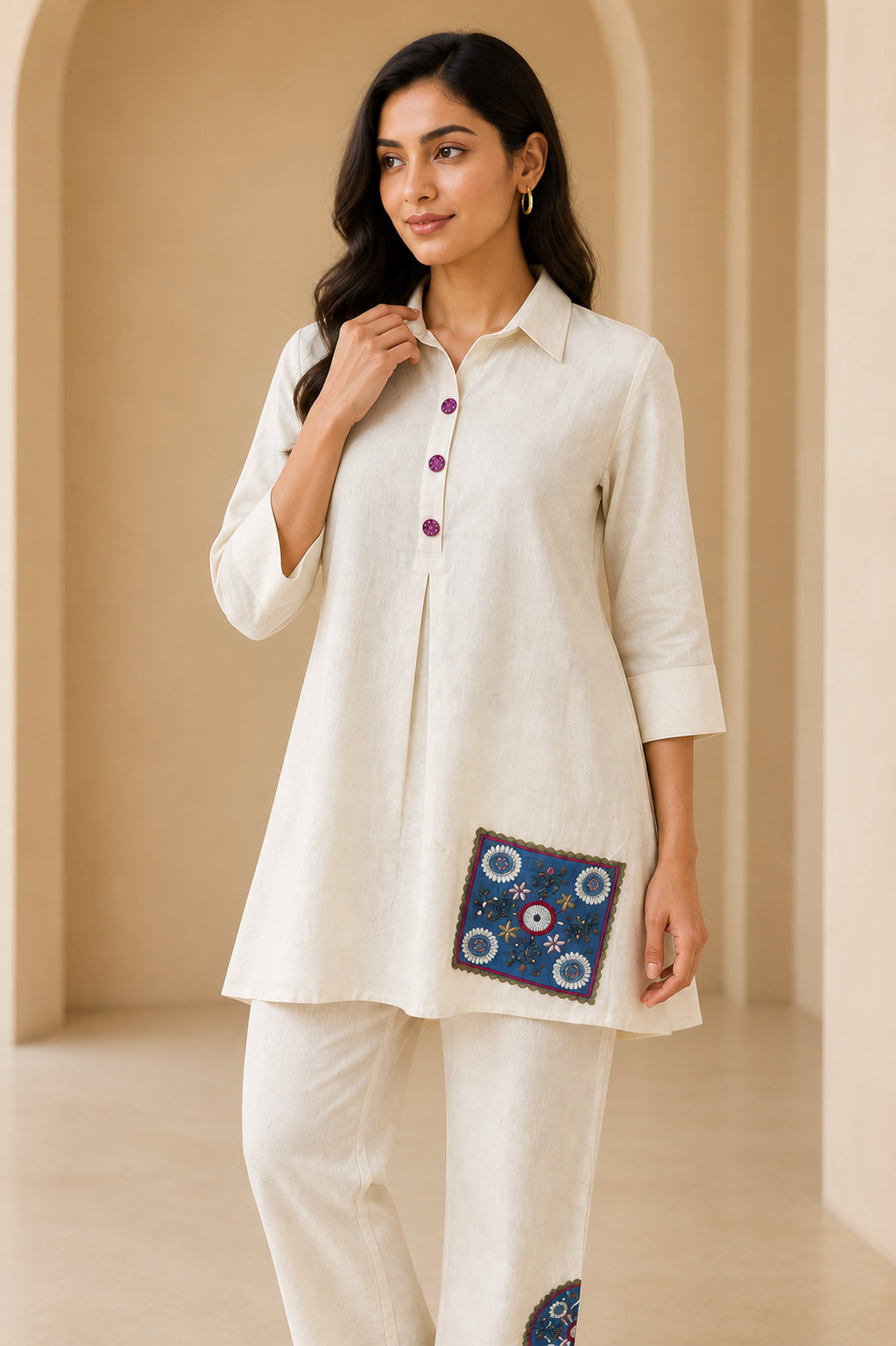 Peachmode Cream Cotton Flex Floral Embroidered Co-ord Set - Image 5