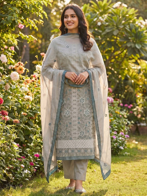 Grey Floral Embroidered Pure Cotton Dress Material - Image 1