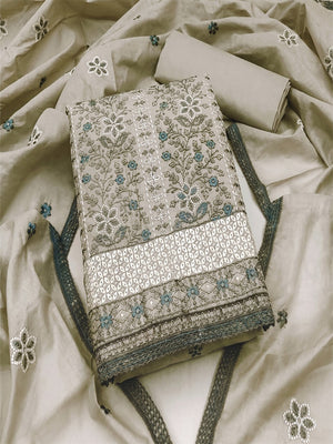 Grey Floral Embroidered Pure Cotton Dress Material - Image 2