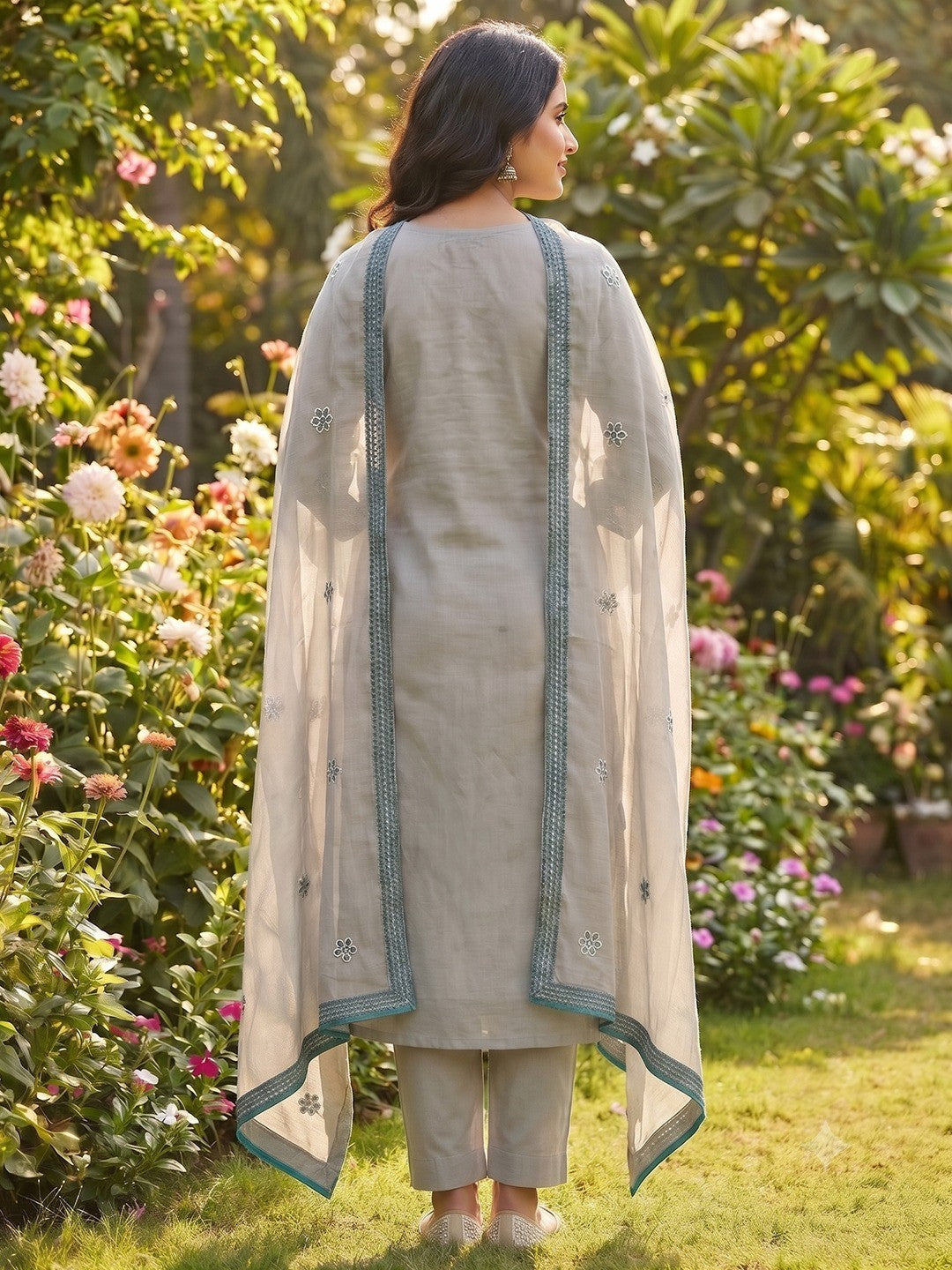 Grey Floral Embroidered Pure Cotton Dress Material - Image 3