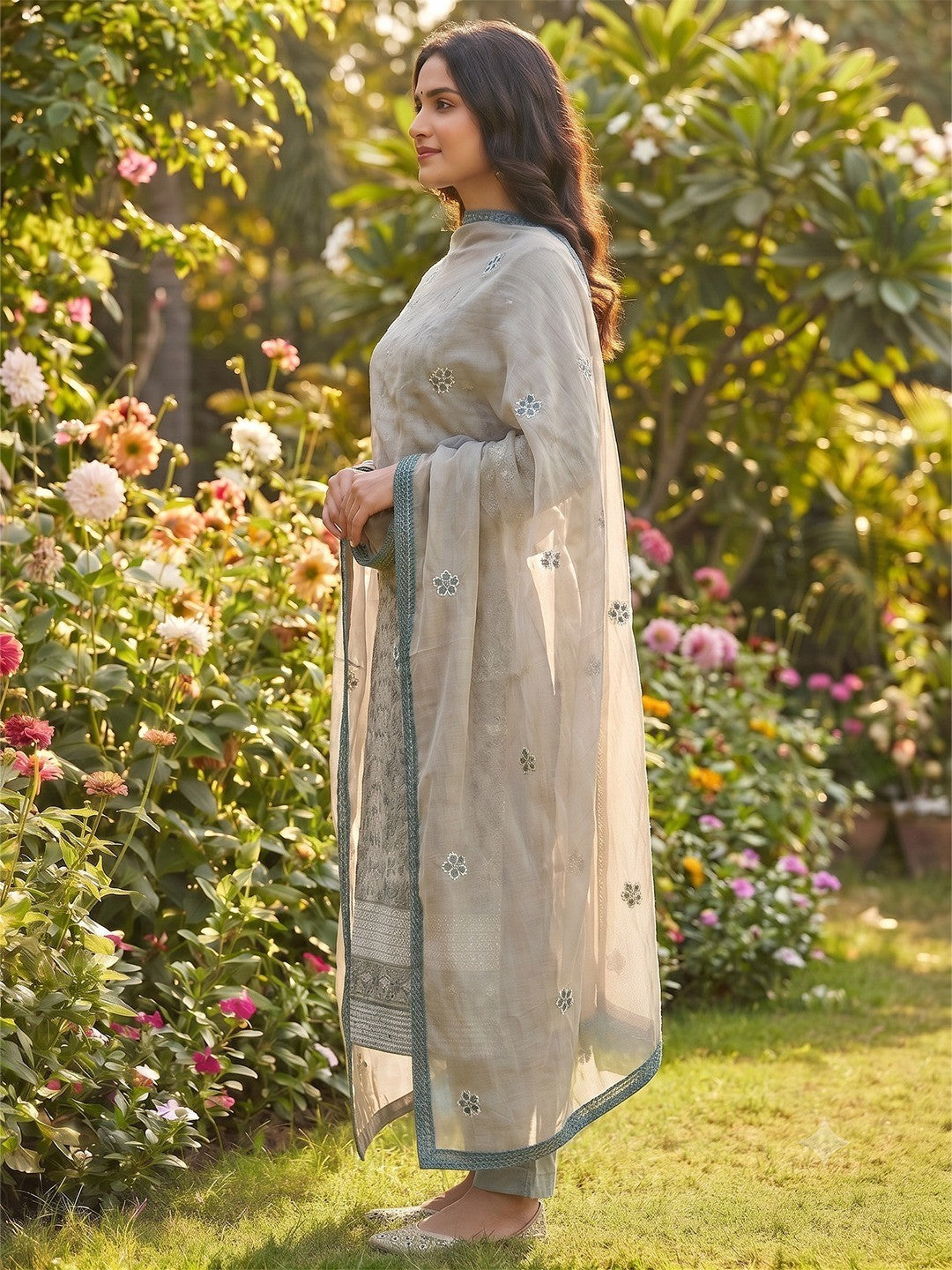 Grey Floral Embroidered Pure Cotton Dress Material - Image 4