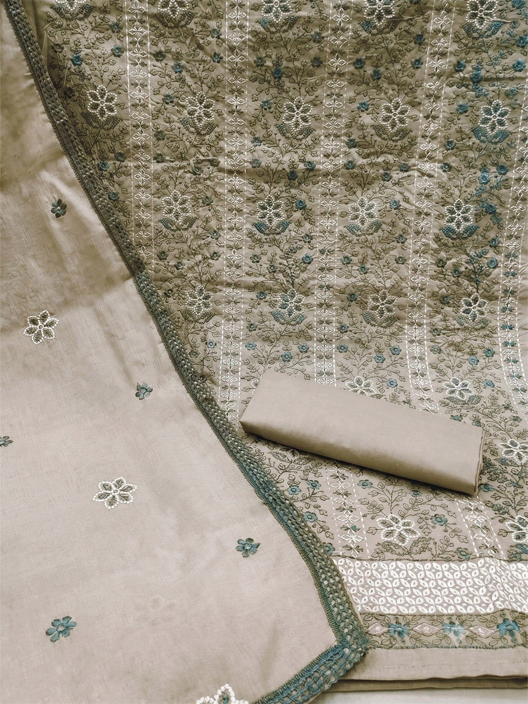 Grey Floral Embroidered Pure Cotton Dress Material - Image 5