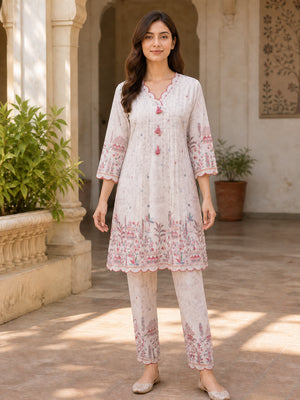 Peachmode Pink Muslin Floral Printed Co-ord Set - Image 2