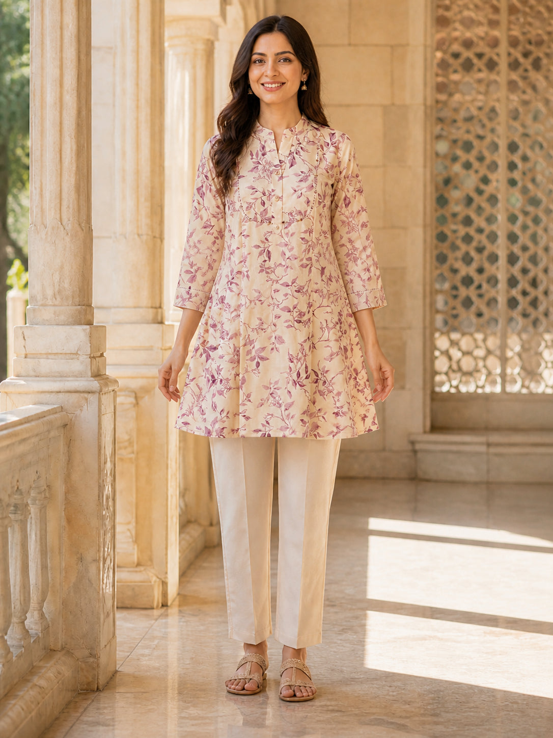 Peachmode Pink Rayon Leafy Floral Printed A-Line Top - Image 2