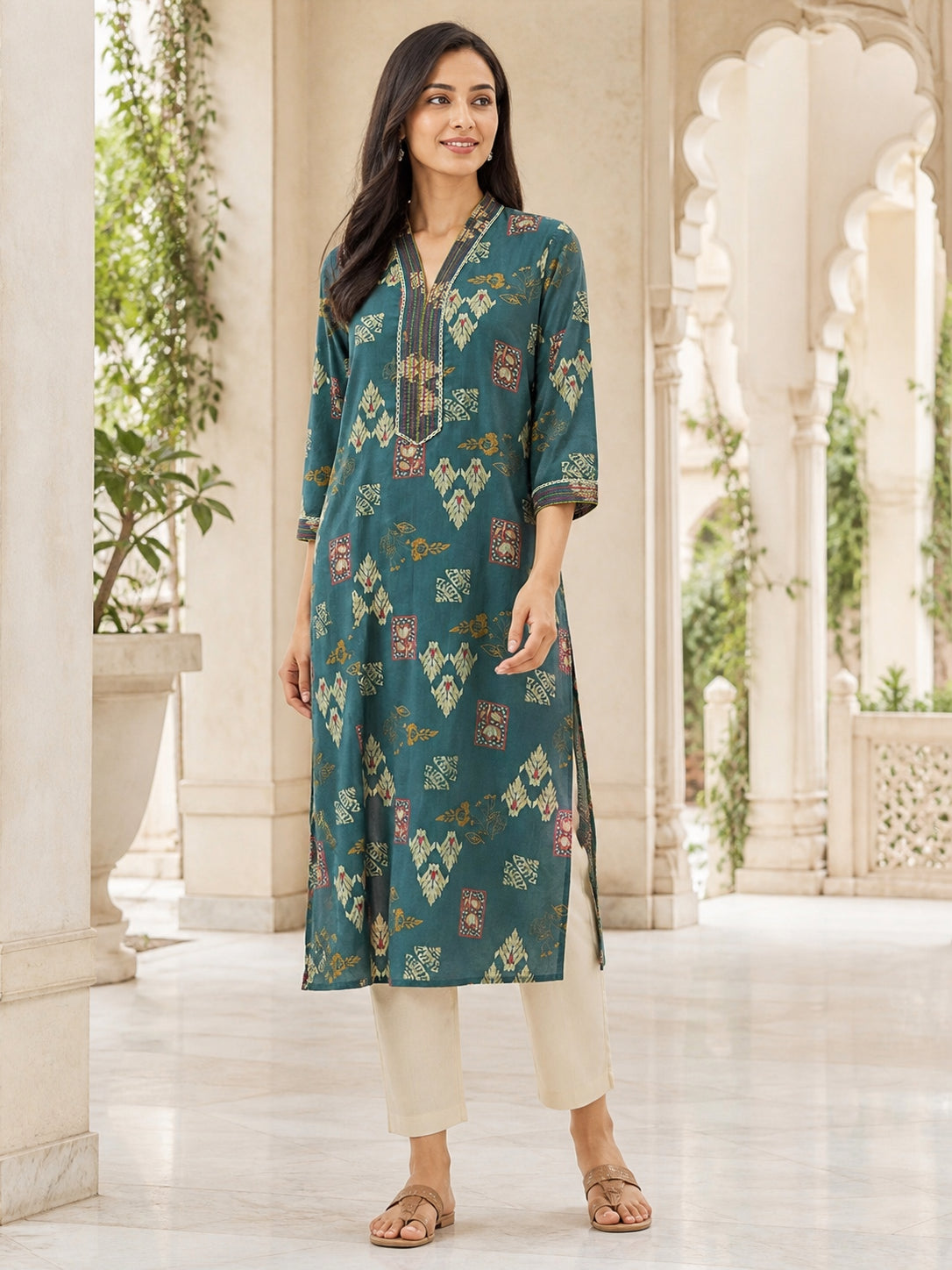 Peachmode Rama Green Viscose Blend Ethnic Motif Printed Kurti - Image 1