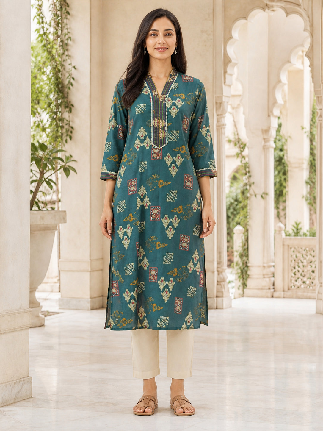 Peachmode Rama Green Viscose Blend Ethnic Motif Printed Kurti - Image 2